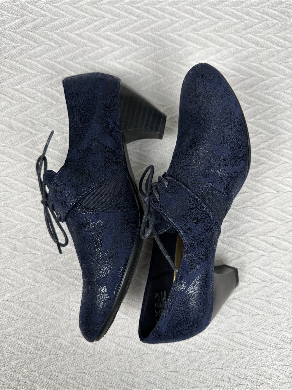 Women's Navy Lace-Up Heeled Ankle shoes cone heel paisley boho business casual